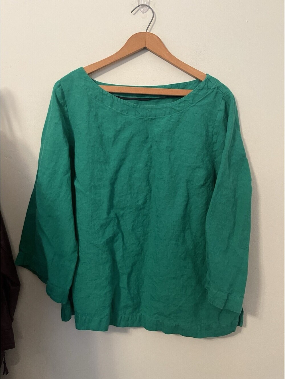 Boden Women Green 100% Linen Top 16/18 XL 3/4 Sleeve Boat Neck